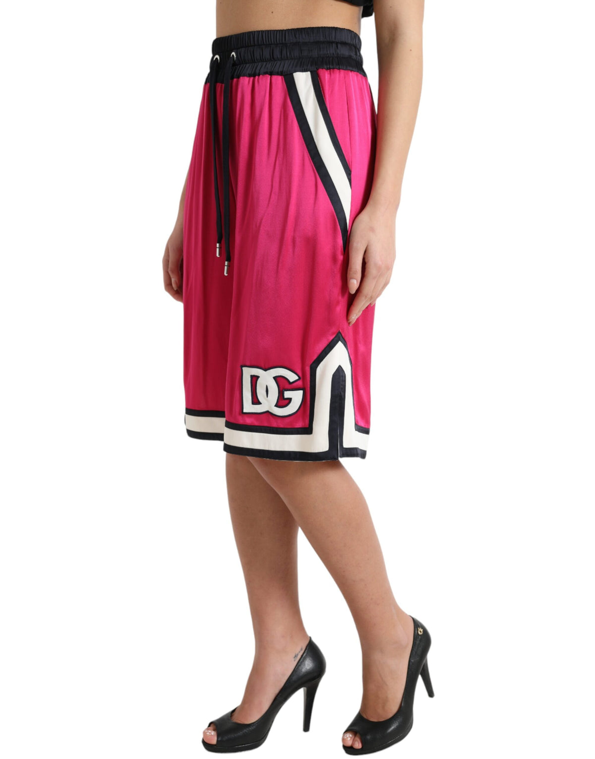 Dolce & Gabbana Rosa Viskose-Jersey-Logo-Shorts mit hoher Taille