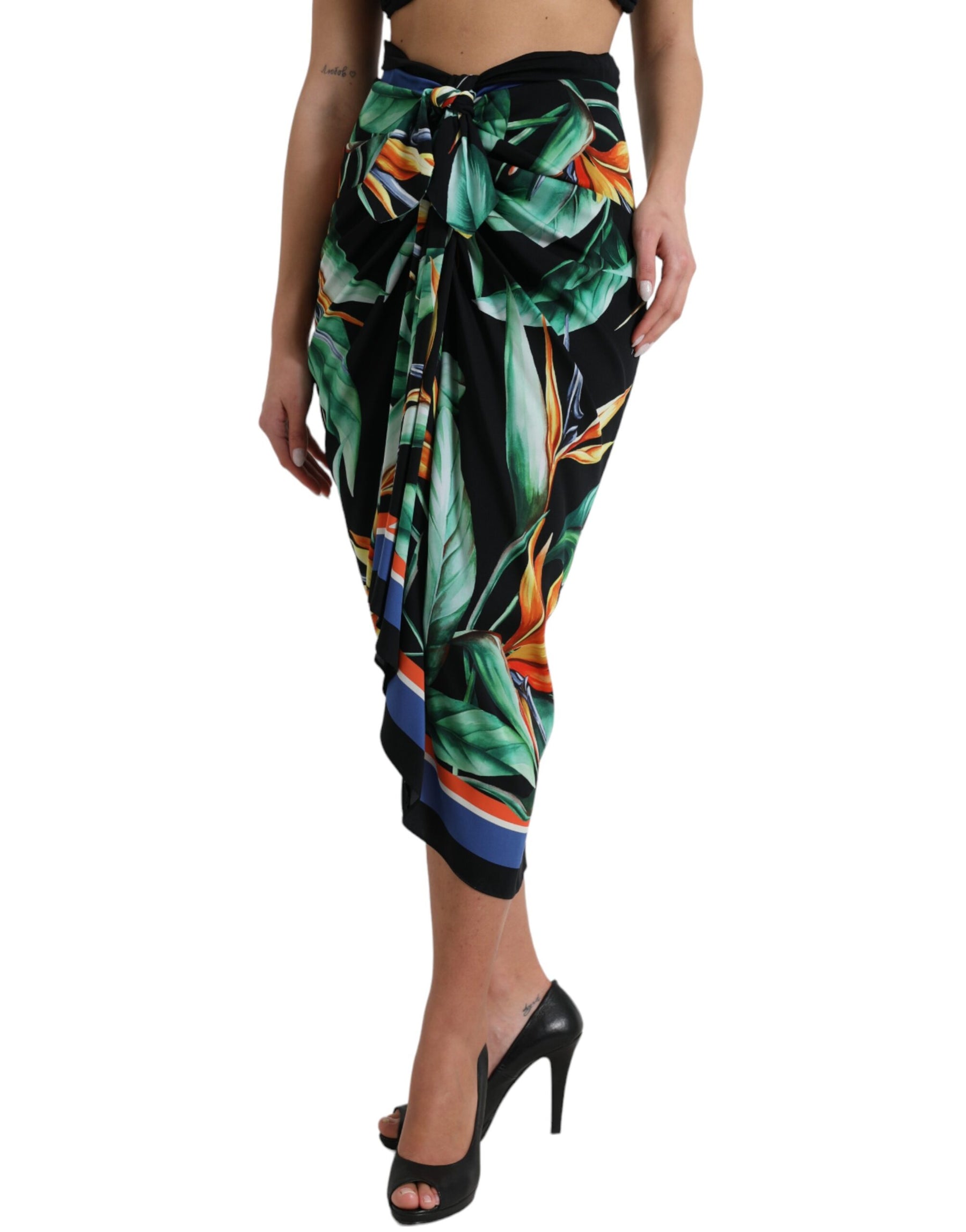 Dolce & Gabbana Schwarzer Strelitzia Wickel-Midi-Rock mit hoher Taille