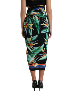 Dolce & Gabbana Schwarzer Strelitzia Wickel-Midi-Rock mit hoher Taille