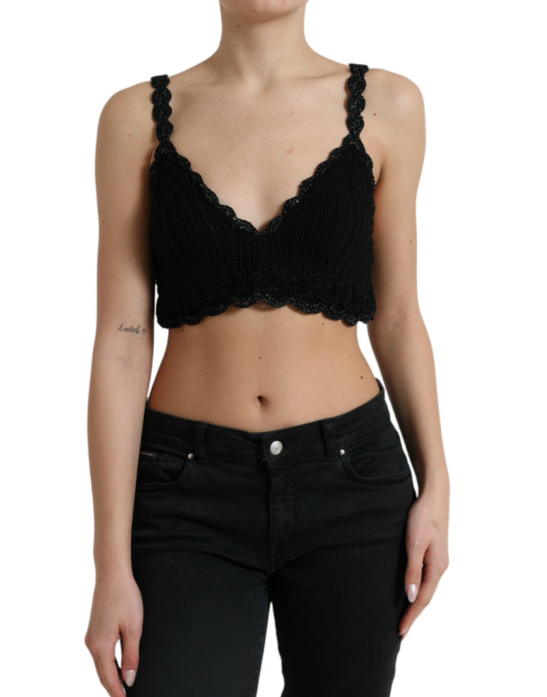 Dolce & Gabbana Schwarzes Baumwoll-Bustier Cropped Crochet Tank Top