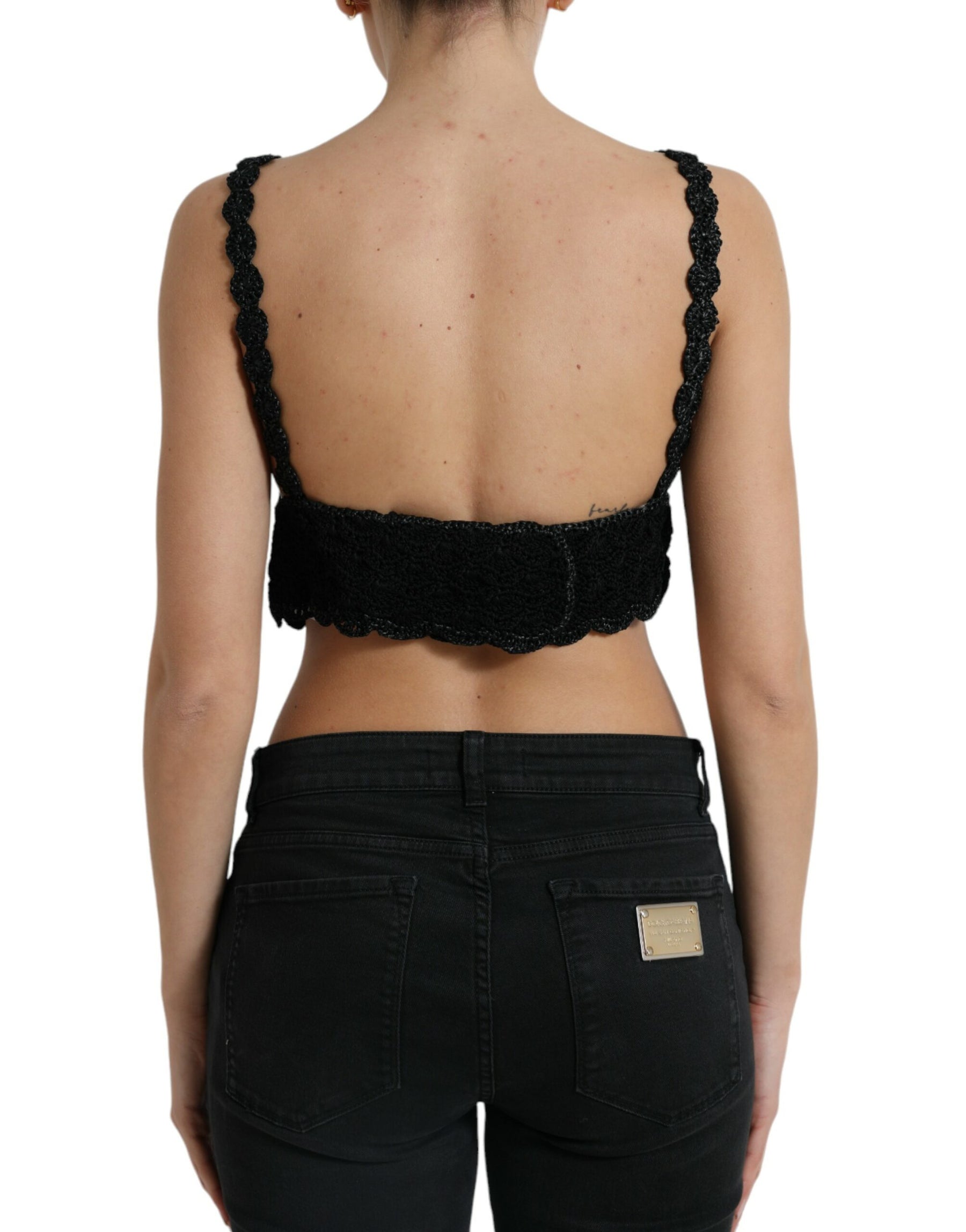 Dolce & Gabbana Schwarzes Baumwoll-Bustier Cropped Crochet Tank Top