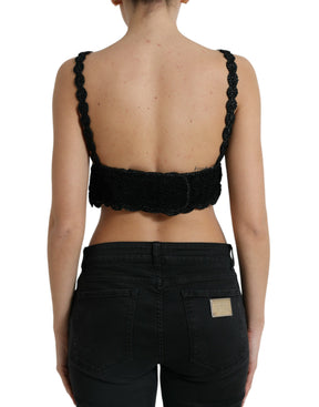 Dolce & Gabbana Schwarzes Baumwoll-Bustier Cropped Crochet Tank Top