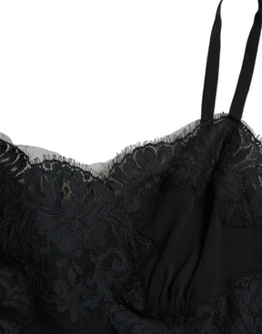 Dolce & Gabbana Schwarzes Seiden-Stretch-Spitzen-Tanktop ohne Ärmel
