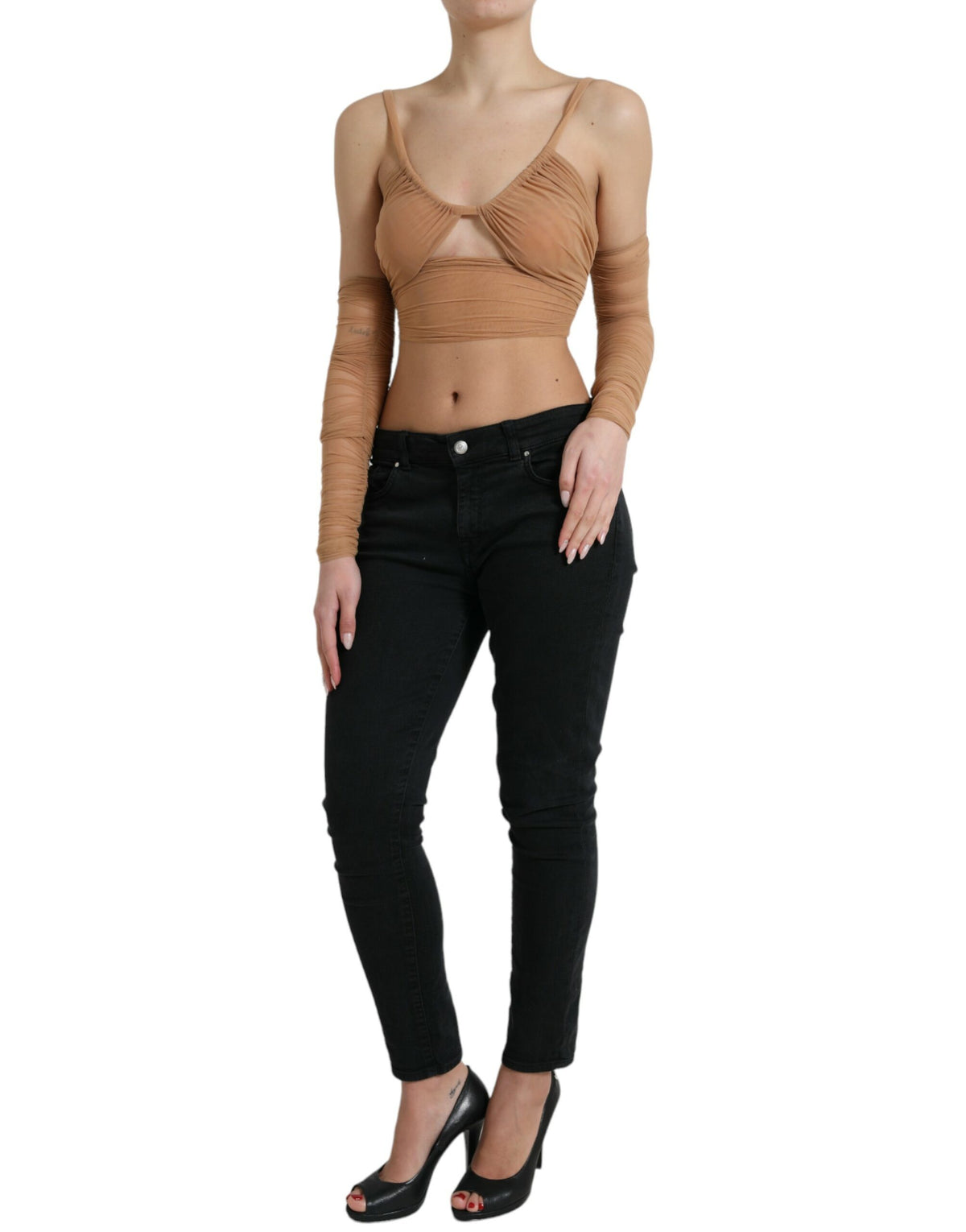 Dolce & Gabbana Braunes Nylon-Stretch-Top mit offener Schulterpartie
