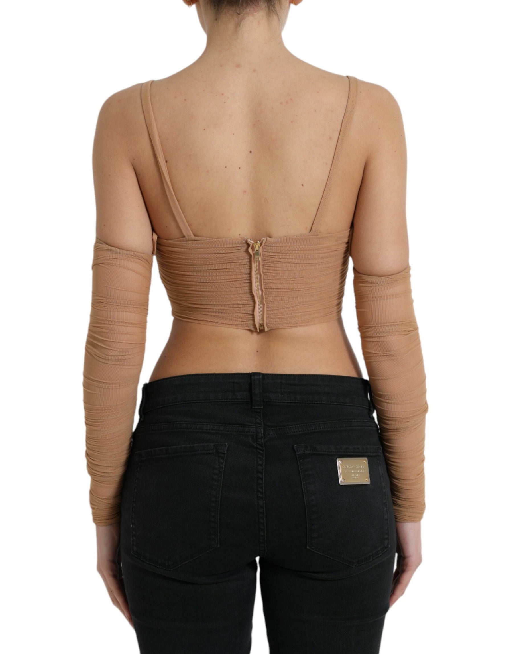 Dolce & Gabbana Braunes Nylon-Stretch-Top mit offener Schulterpartie