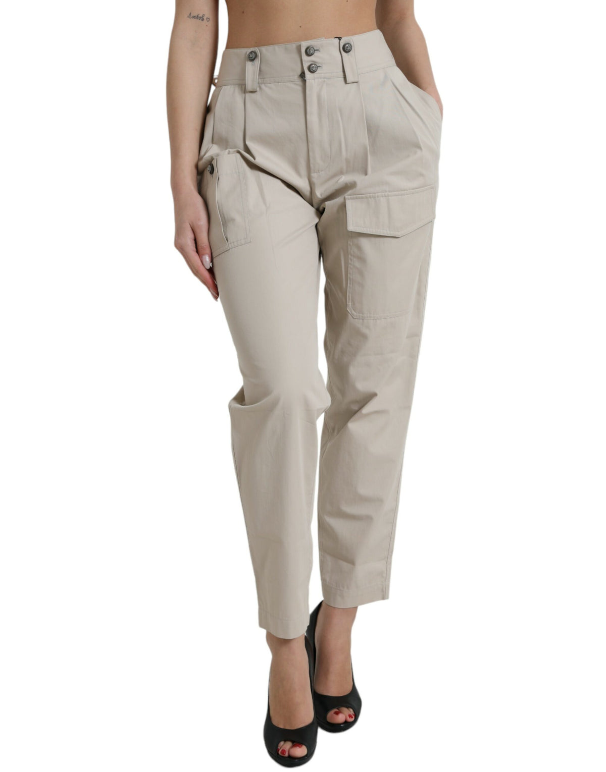 Dolce & Gabbana Beige Baumwollhose mit hoher Taille und konisch zulaufendem Schnitt
