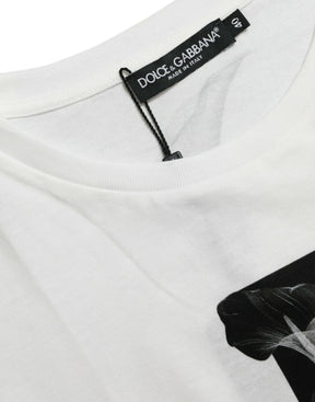 Dolce & Gabbana Weiß Schwarz Rosen Baumwoll-T-Shirt mit Rundhalsausschnitt