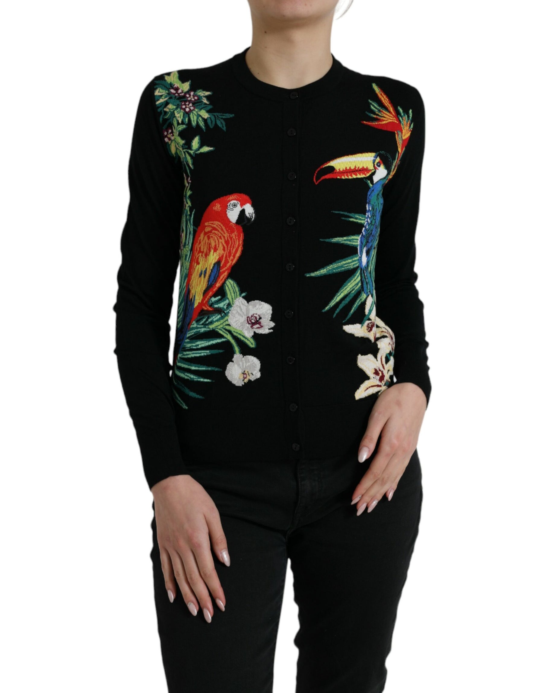 Dolce & Gabbana Schwarzer Vogel Wolle Langarm Strickjacke Pullover