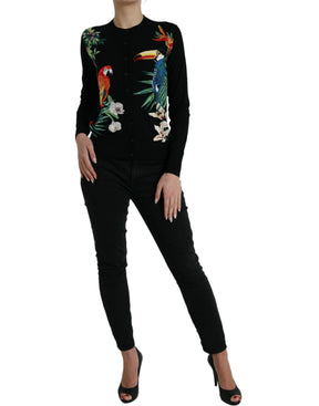 Dolce & Gabbana Schwarzer Vogel Wolle Langarm Strickjacke Pullover