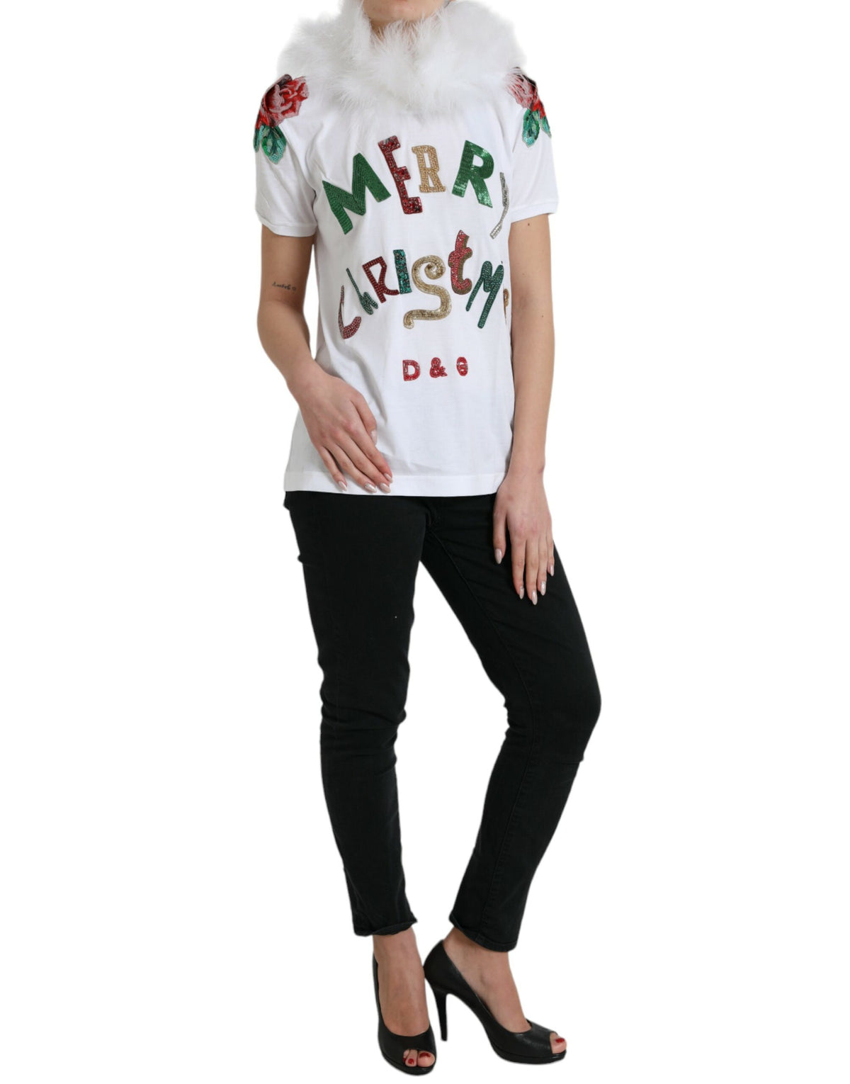 Dolce & Gabbana Weißes Baumwoll-Weihnachts-T-Shirt mit Paillettenpelz