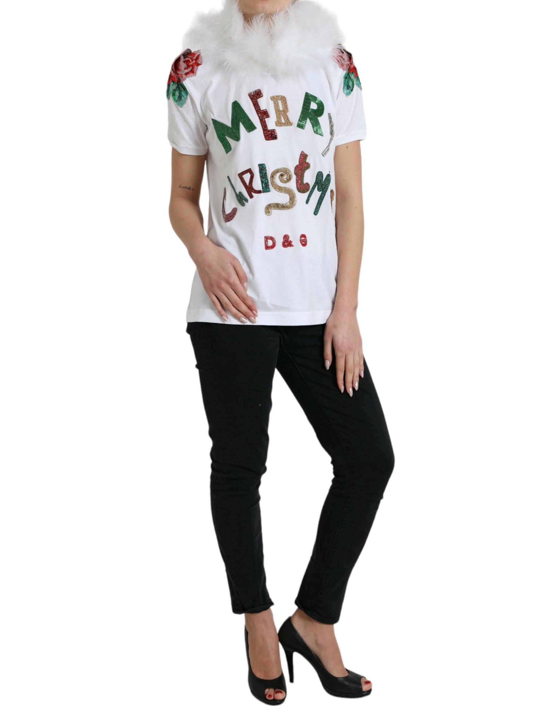 Dolce & Gabbana Weißes Baumwoll-Weihnachts-T-Shirt mit Paillettenpelz