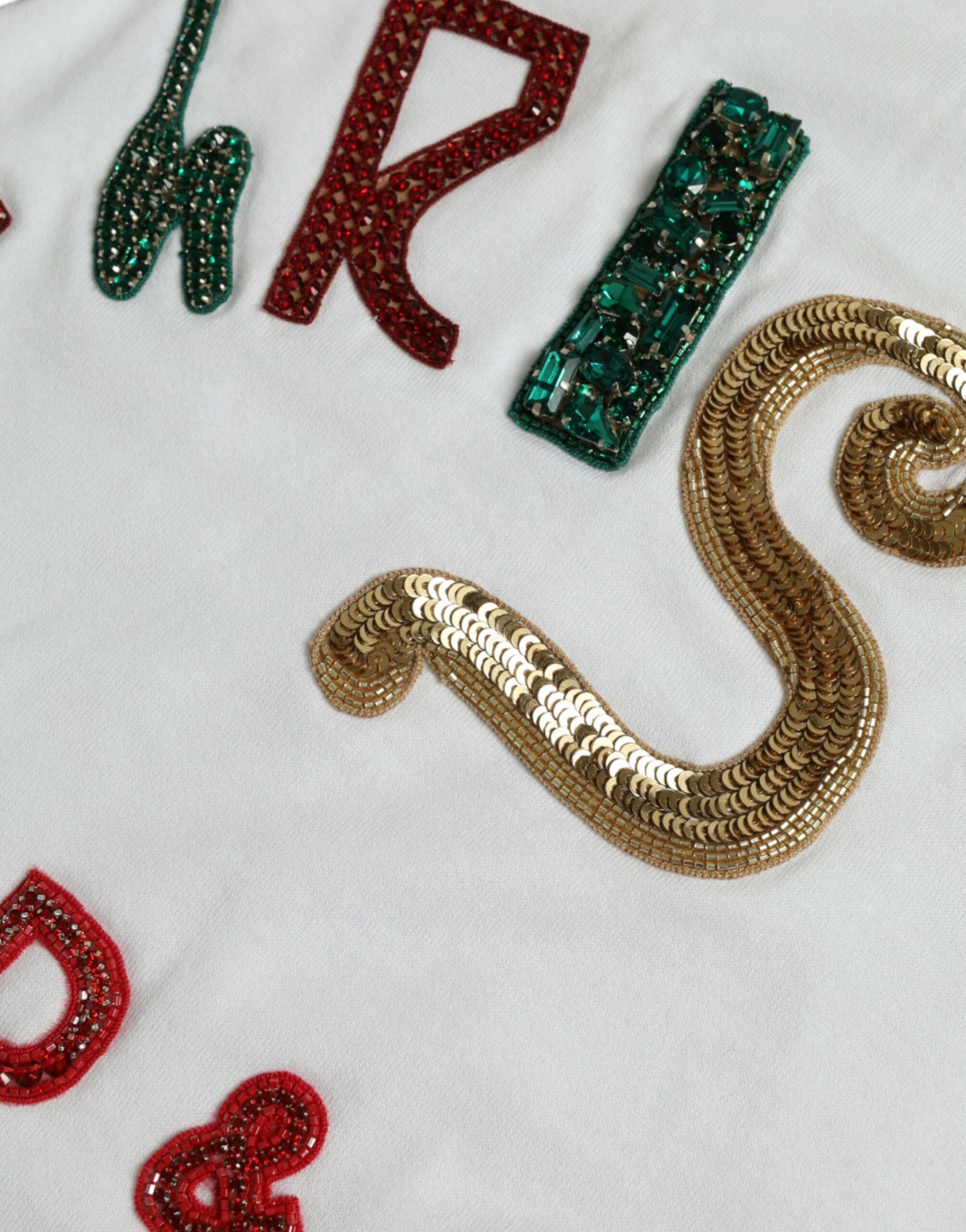 Dolce & Gabbana Weißes Baumwoll-Weihnachts-T-Shirt mit Paillettenpelz