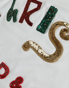 Dolce & Gabbana Weißes Baumwoll-Weihnachts-T-Shirt mit Paillettenpelz