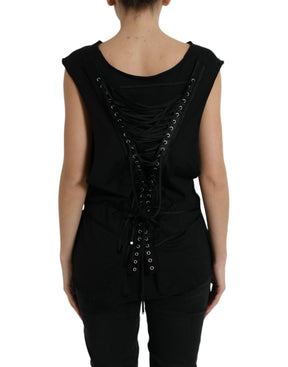 Dolce & Gabbana Schwarzes Baumwoll-Spitzen-Logo-Rundhals-Top