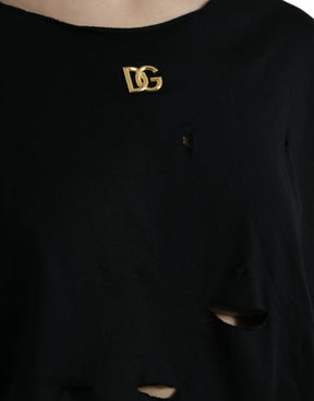 Dolce & Gabbana Schwarzes Baumwoll-Spitzen-Logo-Rundhals-Top