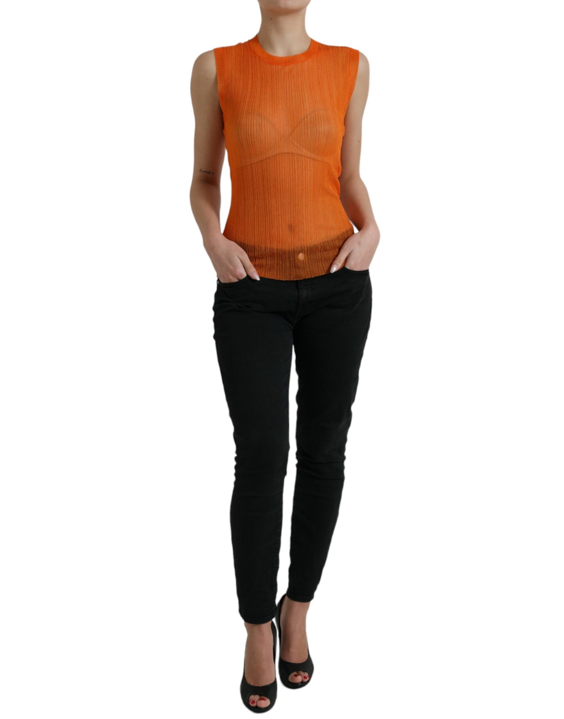 Dolce & Gabbana Orange See Through Rundhalsausschnitt Bluse Tank Top