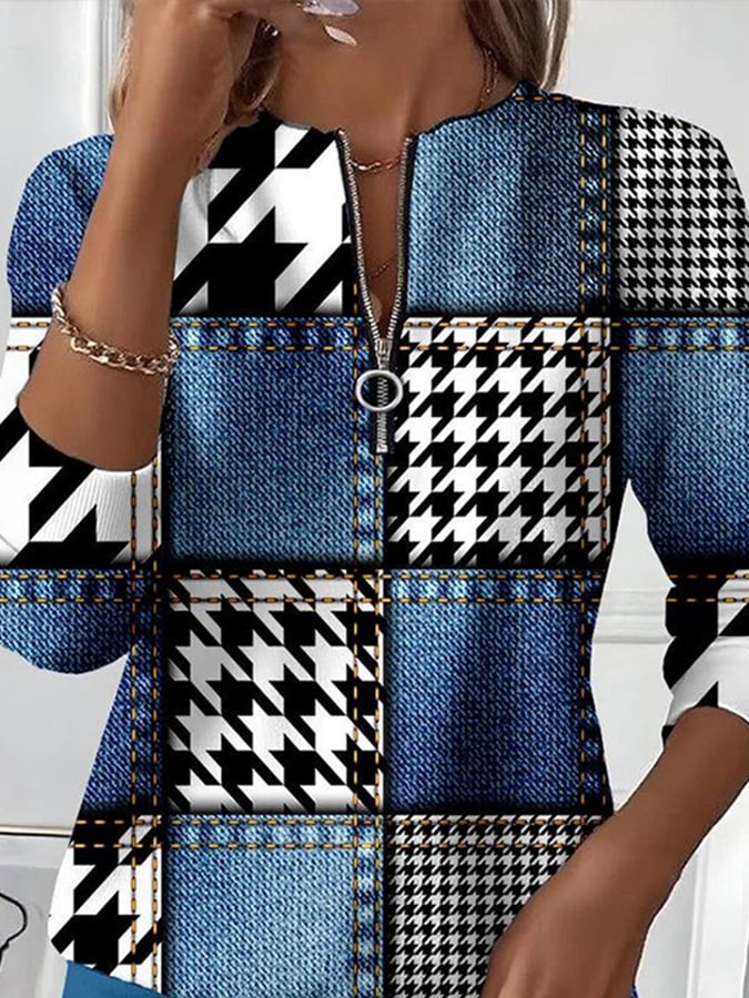 Damen Winter Sweatshirt Hahnentritt Colorblock Kuschelpullover