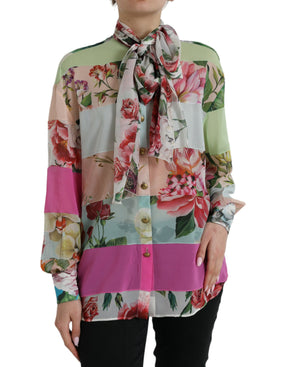 Dolce & Gabbana Multicolor Floral Patchwork Ascot Kragen Top