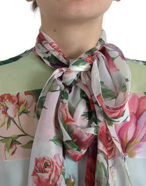 Dolce & Gabbana Multicolor Floral Patchwork Ascot Kragen Top