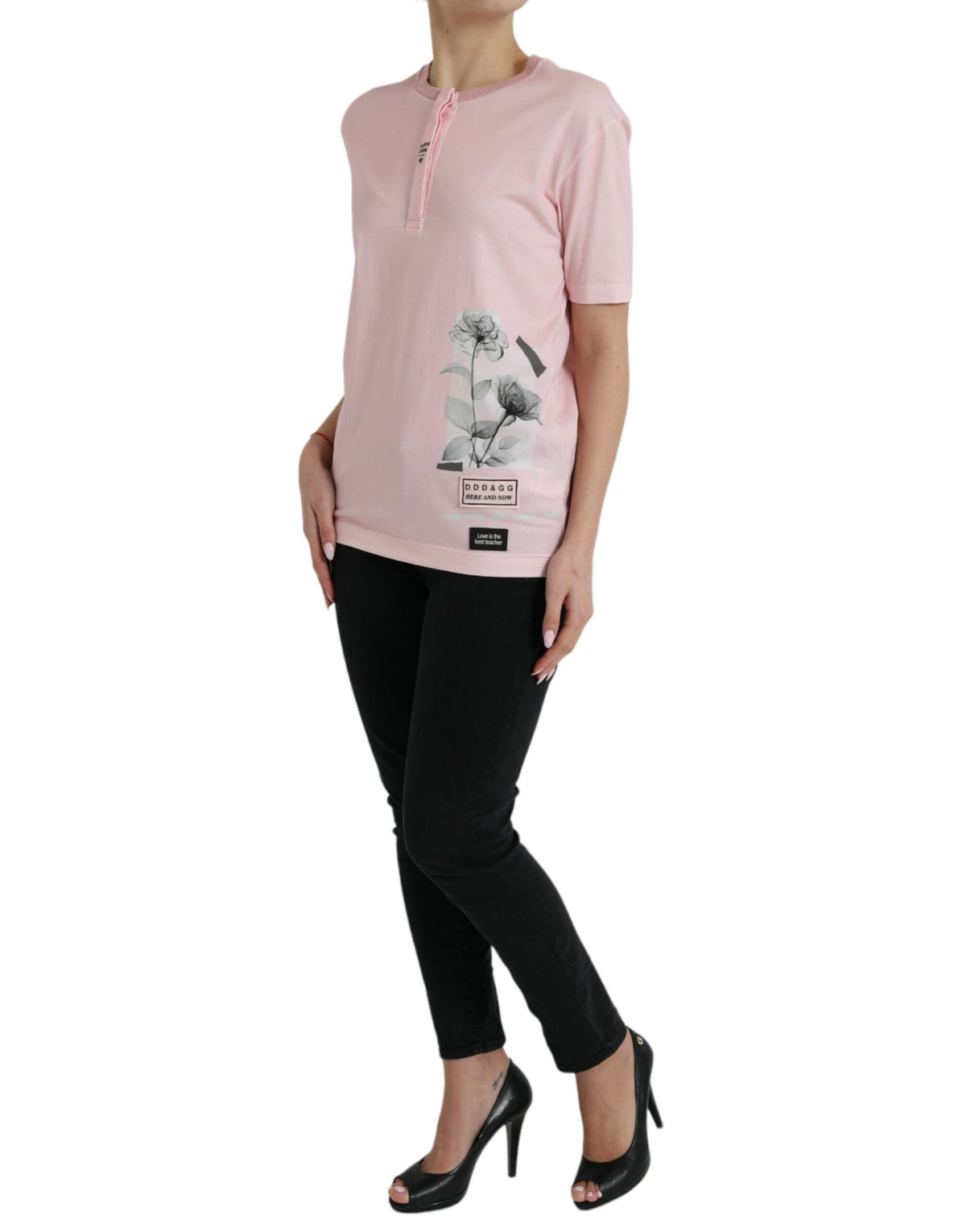 Dolce & Gabbana Rosa T-Shirt aus Baumwolle mit Blumendruck und kurzen Ärmeln