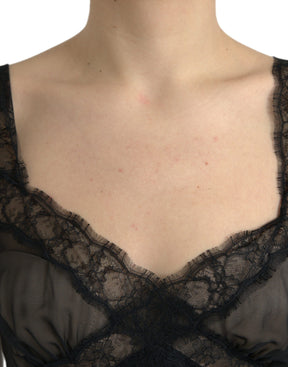 Dolce & Gabbana Schwarzes Minikleid aus Seide mit plissierter Spitze und Chiffon