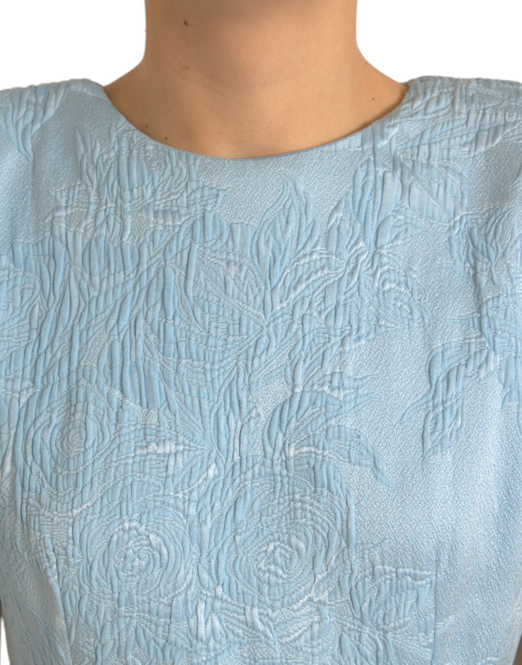 Dolce & Gabbana Hellblaues geblümtes Jacquard-Minikleid mit Puffärmeln