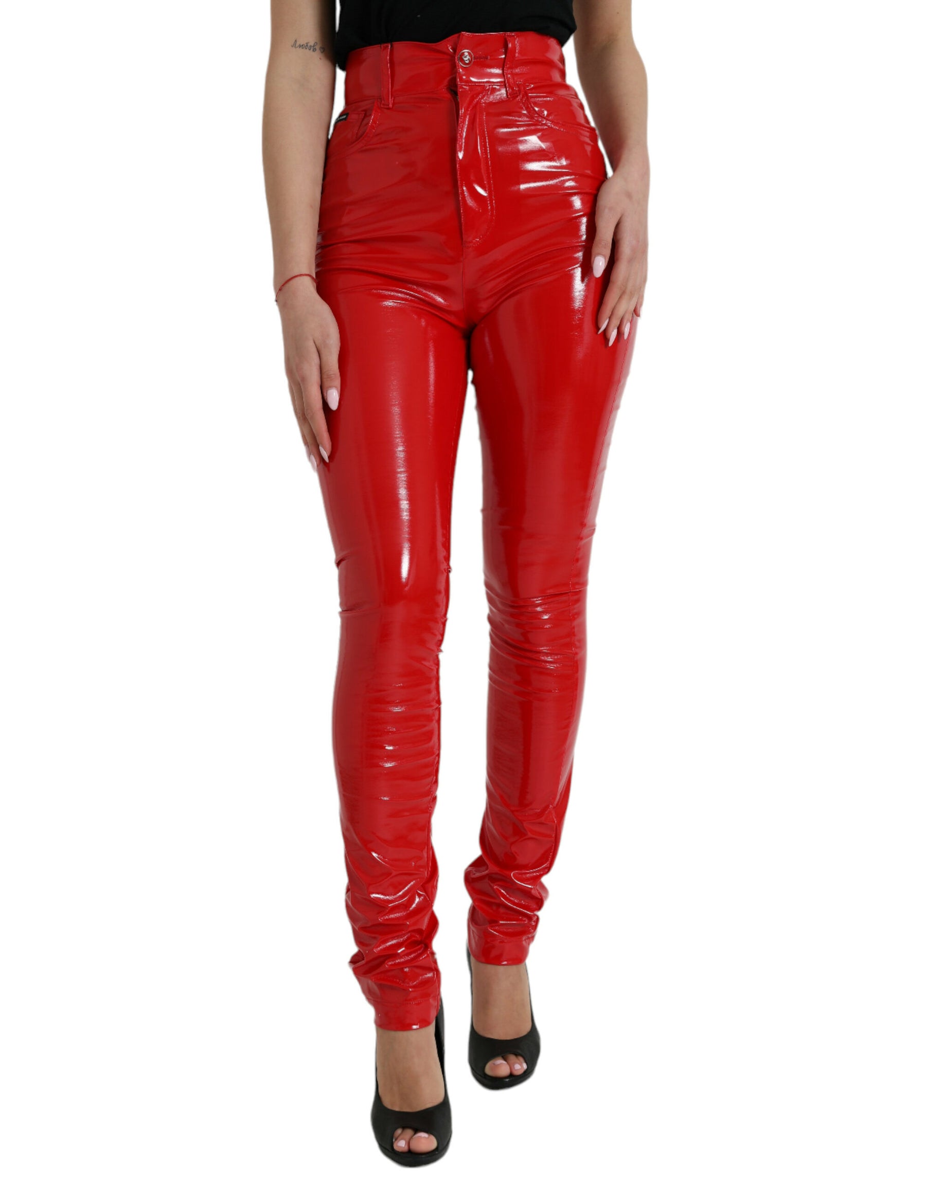 Dolce & Gabbana Glänzende rote Skinny-Hose mit hoher Taille
