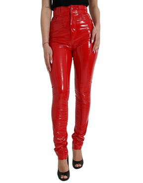 Dolce & Gabbana Glänzende rote Skinny-Hose mit hoher Taille
