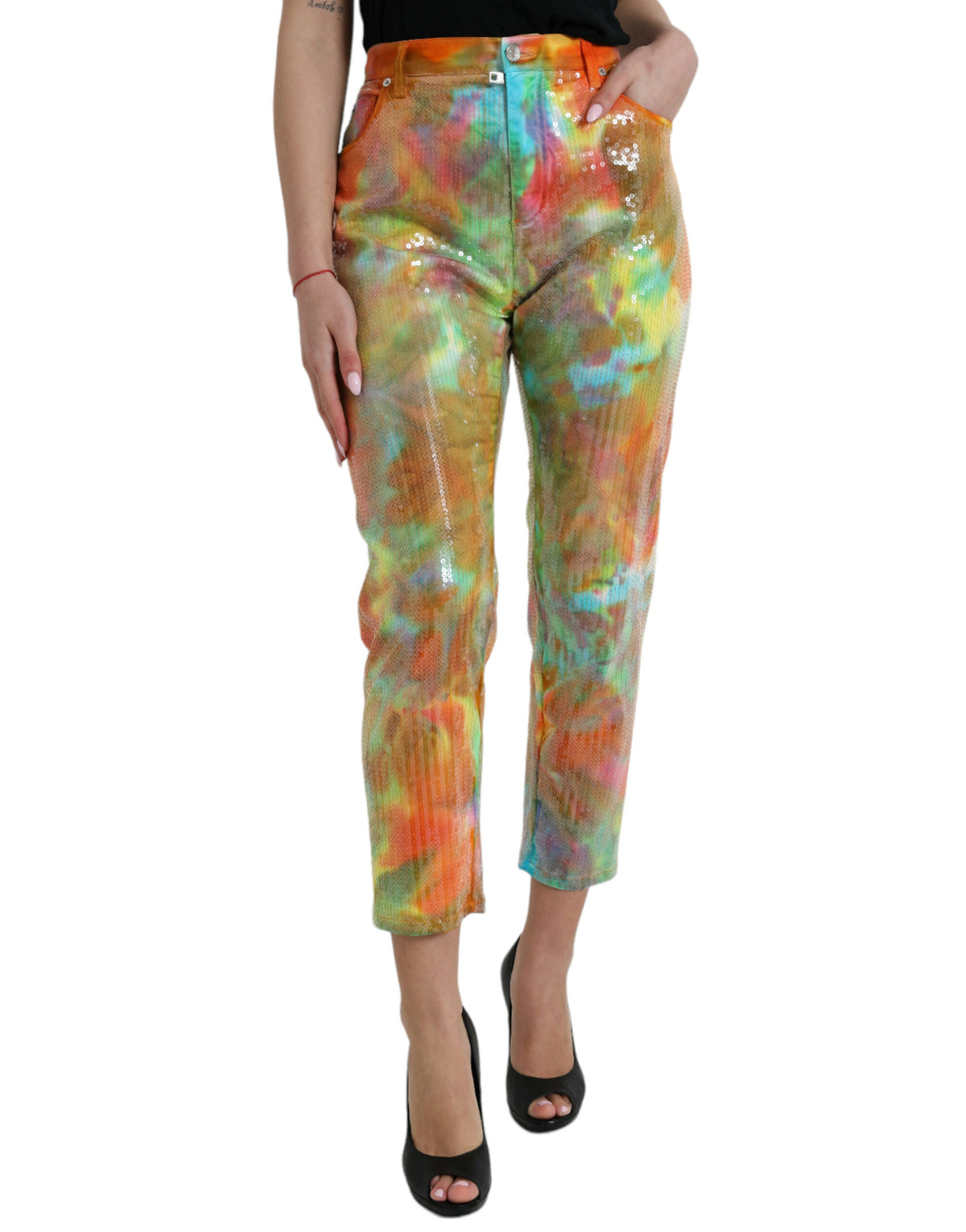 Dolce & Gabbana Multicolor Tie Dye mit Pailletten besetzte Hose mit hoher Taille