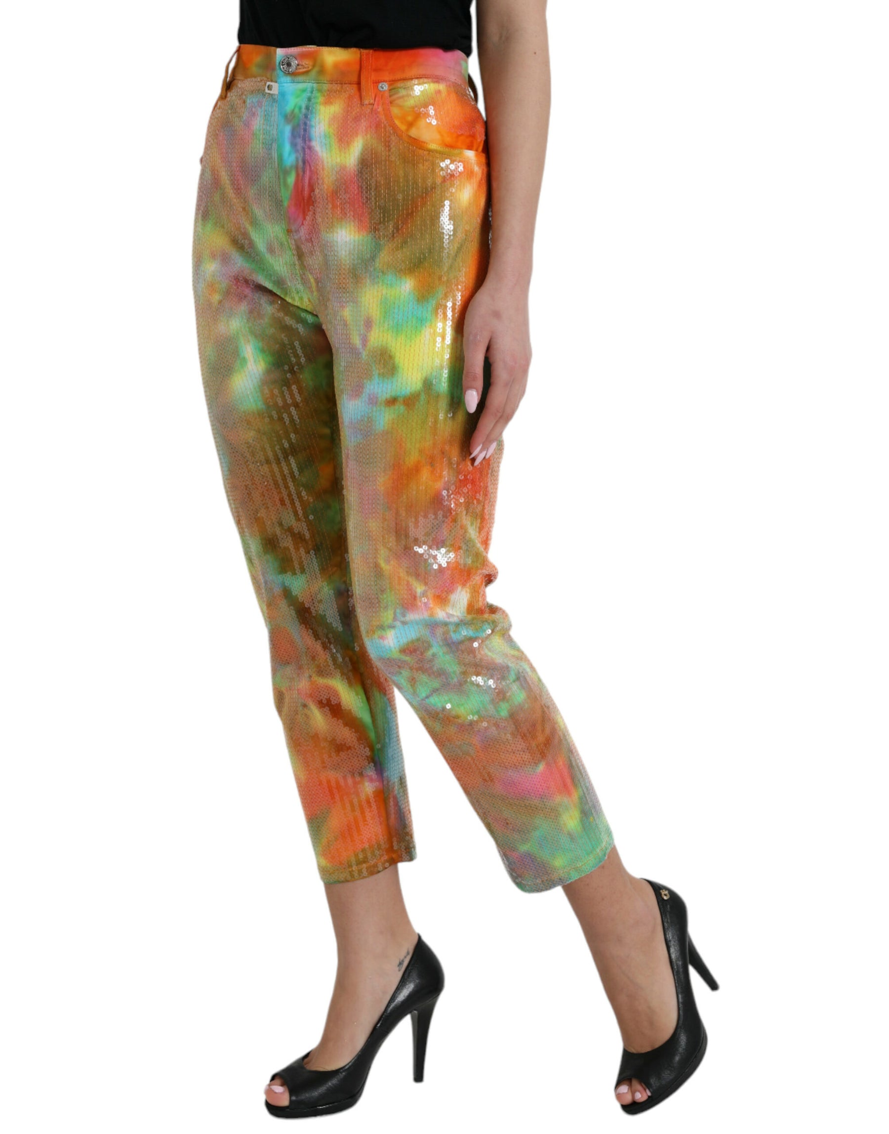 Dolce & Gabbana Multicolor Tie Dye mit Pailletten besetzte Hose mit hoher Taille