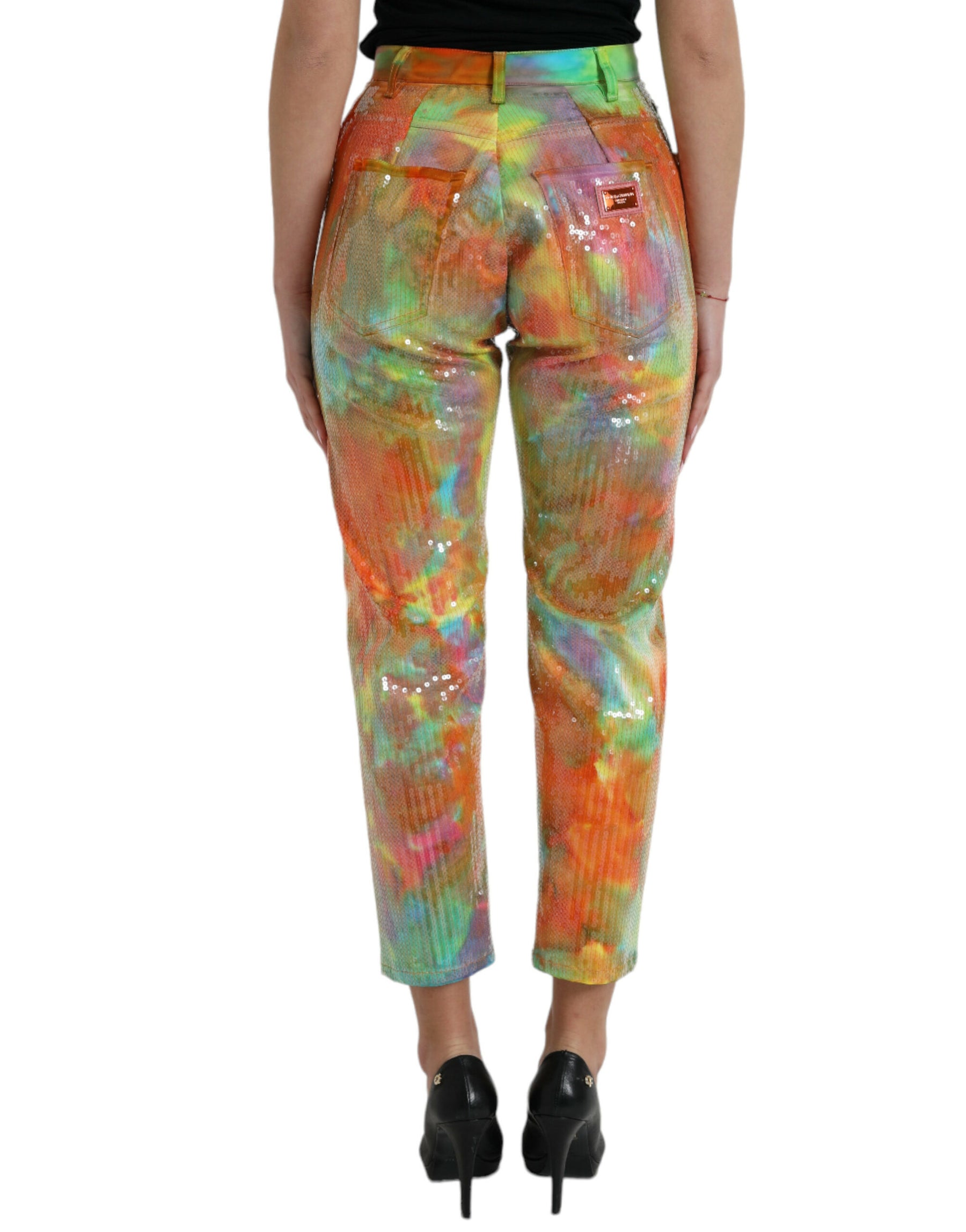 Dolce & Gabbana Multicolor Tie Dye mit Pailletten besetzte Hose mit hoher Taille
