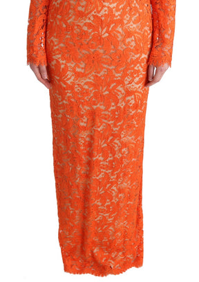 Dolce & Gabbana Orangefarbenes geblümtes langes Ricamo Etuikleid