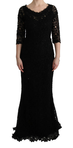 Dolce & Gabbana Schwarzes geblümtes langes Ricamo Etuikleid