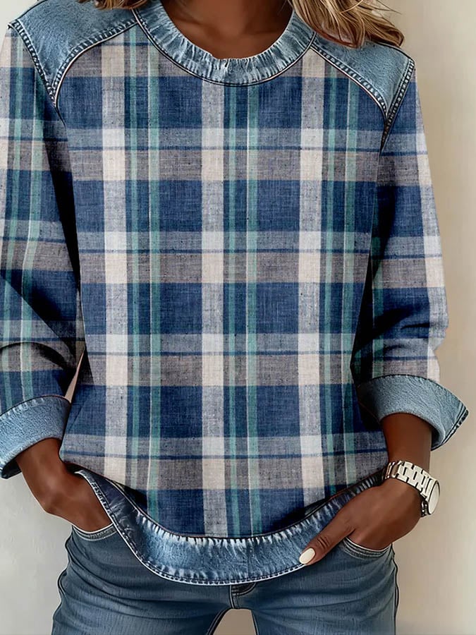 Winter Denim Patchwork Pullover Damen – warm & stylisch