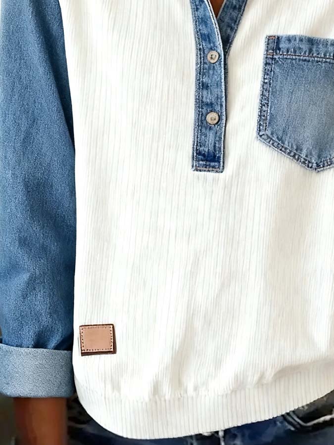Winter Denim Patchwork Longsleeve Top – Warm & Casual