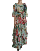 Dolce & Gabbana Blaues gestuftes Maxikleid mit Blumendruck