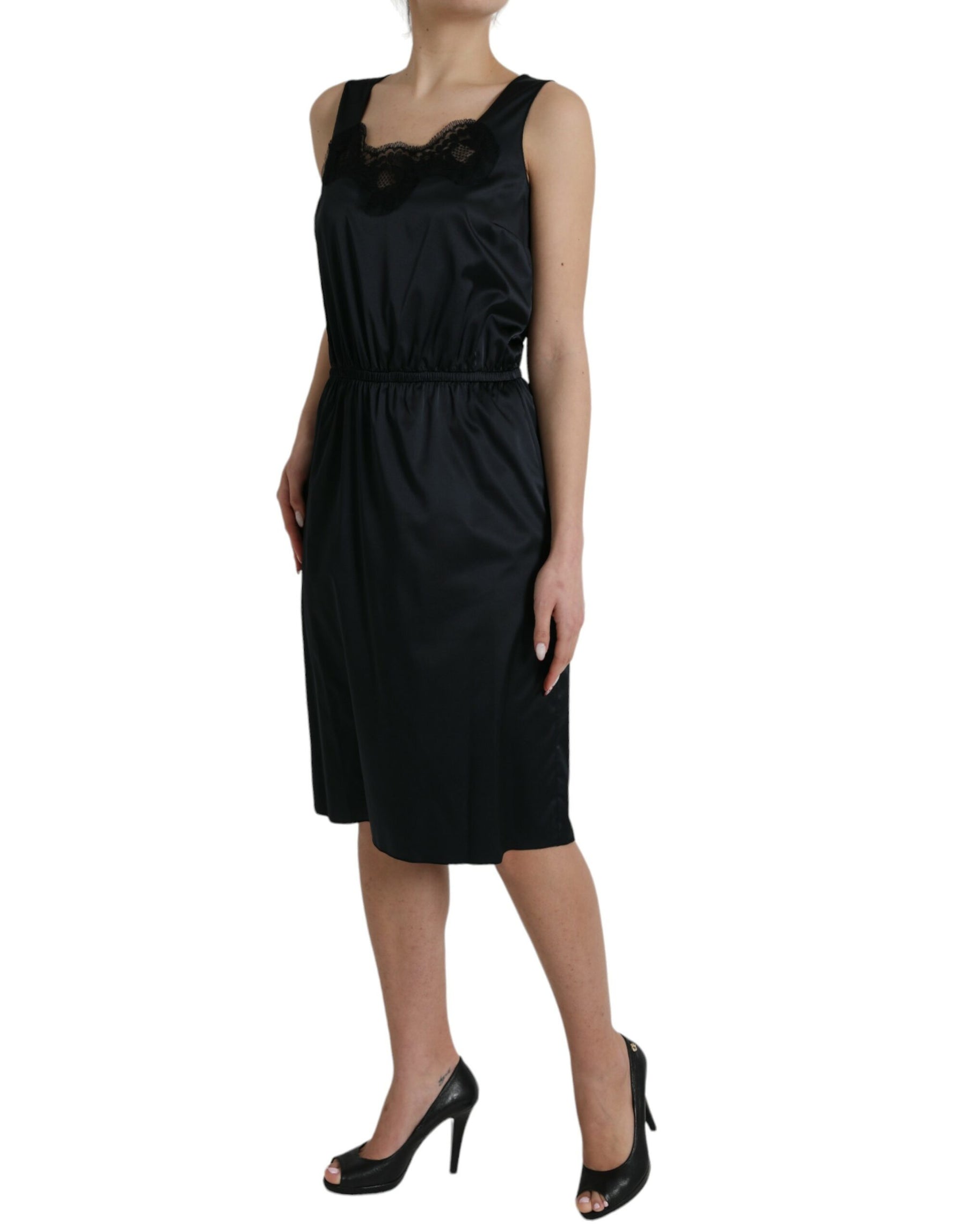 Dolce & Gabbana Schwarzes Polyester-Midikleid mit Spitzenbesatz