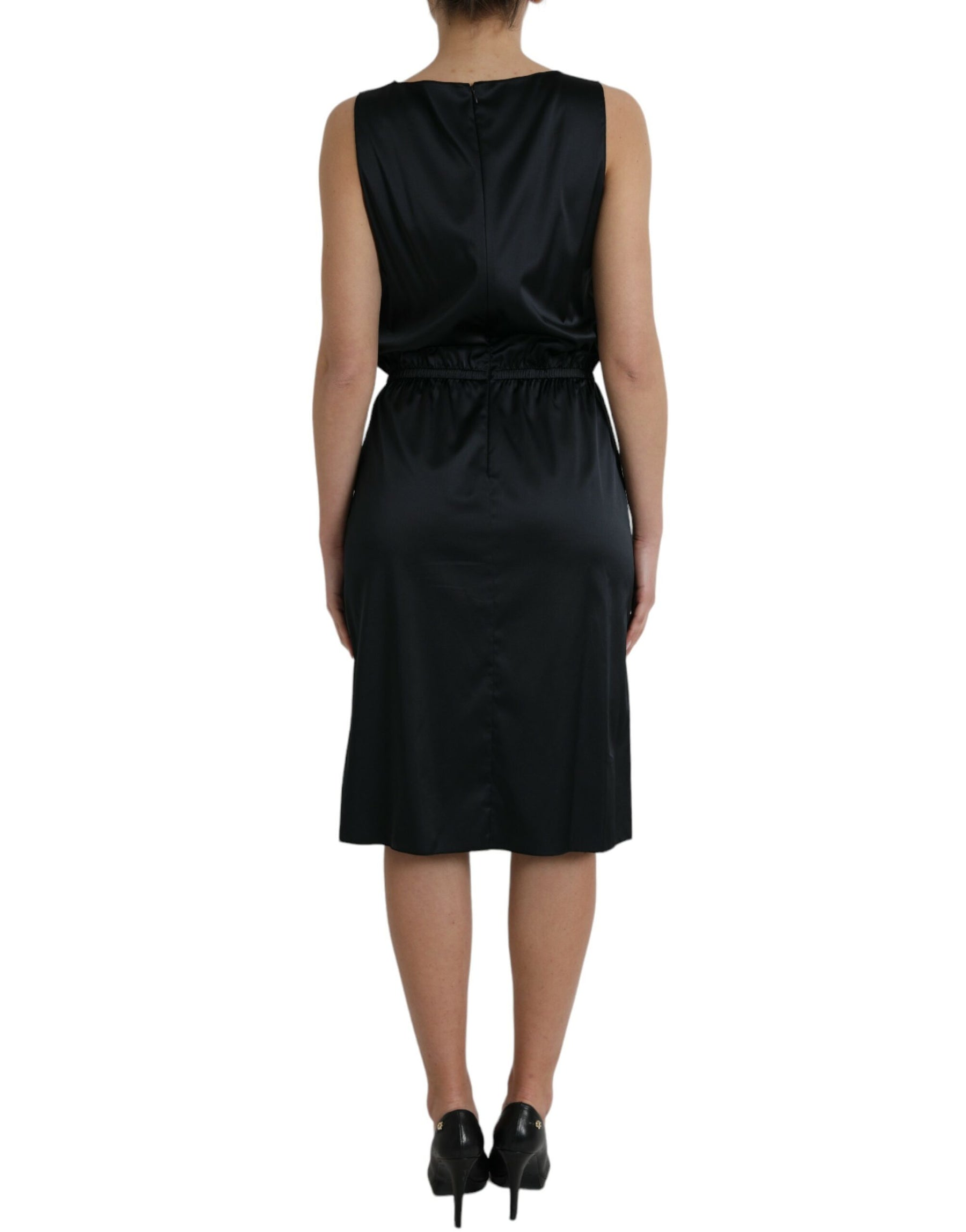 Dolce & Gabbana Schwarzes Polyester-Midikleid mit Spitzenbesatz
