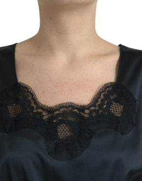 Dolce & Gabbana Schwarzes Polyester-Midikleid mit Spitzenbesatz