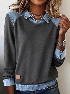 Winter Damen Sweatshirt mit Denim Kragen – Cozy & Stylish