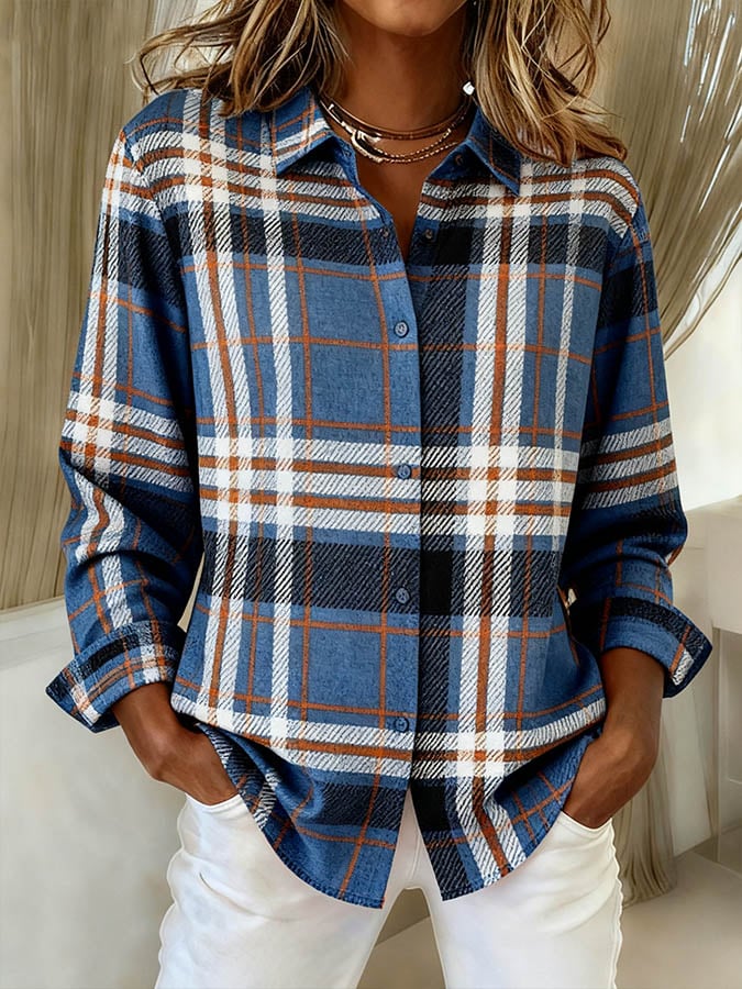 Winter Damen Karobluse locker Blau Orange warm casual