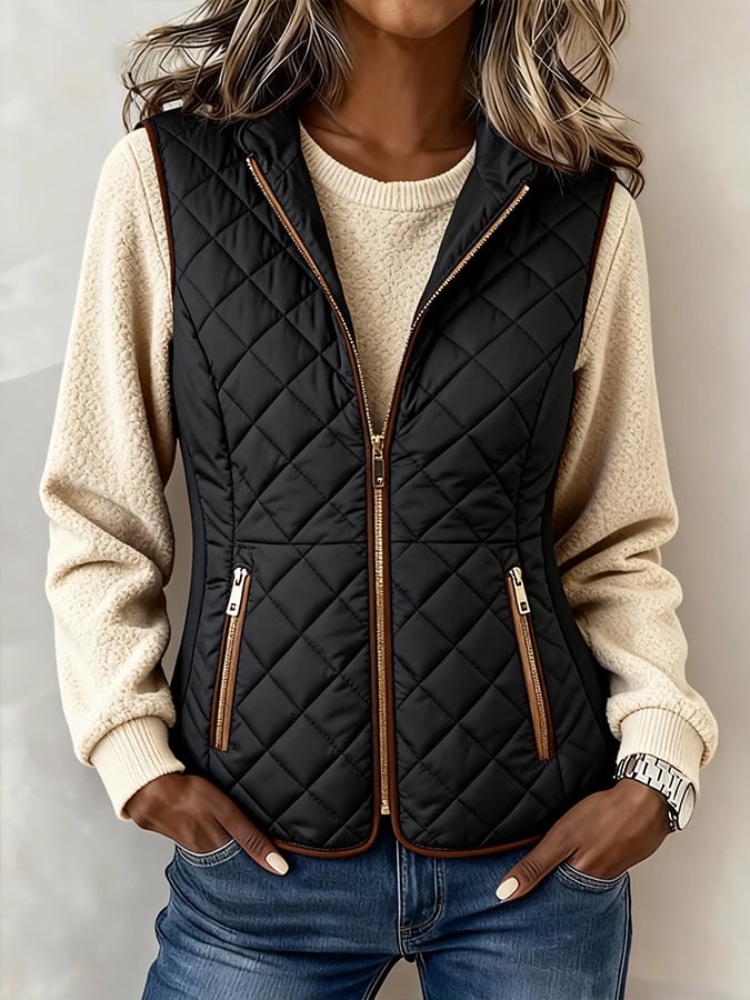 Damen Steppweste Winter warm tailliert schwarz gold Details