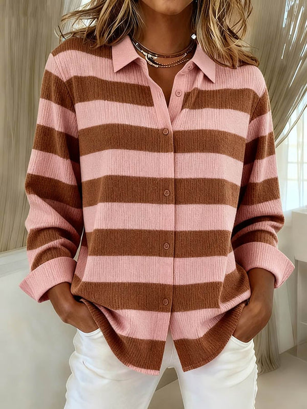 Winter Damen Streifenhemd rosa braun warm und cosy