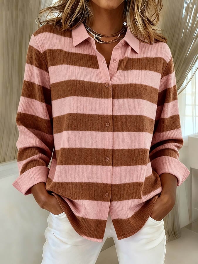 Winter Damen Streifenhemd rosa braun warm und cosy