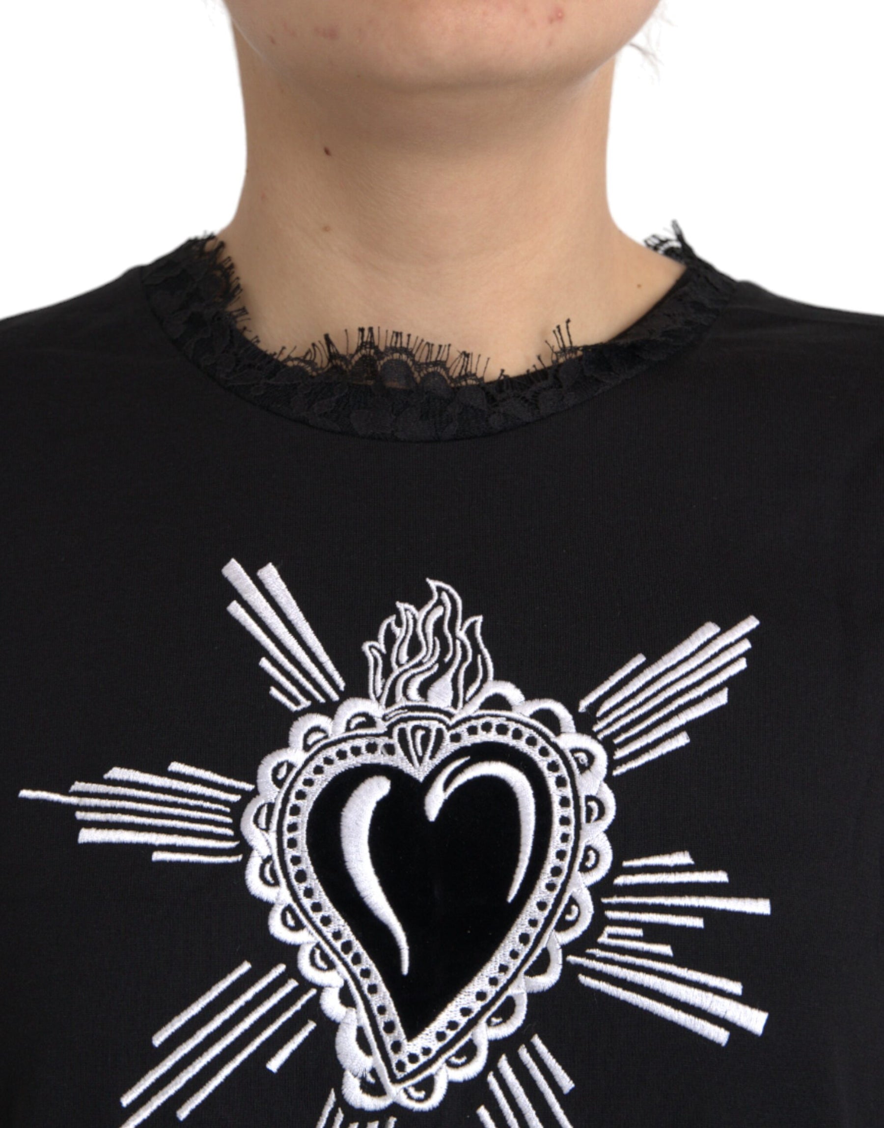 Dolce & Gabbana Schwarzes T-Shirt aus Baumwollspitze mit Sacred Heart Print