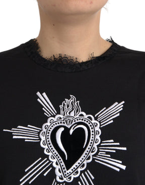 Dolce & Gabbana Schwarzes T-Shirt aus Baumwollspitze mit Sacred Heart Print