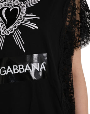 Dolce & Gabbana Schwarzes T-Shirt aus Baumwollspitze mit Sacred Heart Print