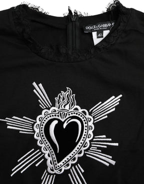 Dolce & Gabbana Schwarzes T-Shirt aus Baumwollspitze mit Sacred Heart Print