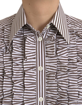 Dolce & Gabbana Weiß gestreiftes Baumwoll-Top mit langen Ärmeln und Rüschenkragen