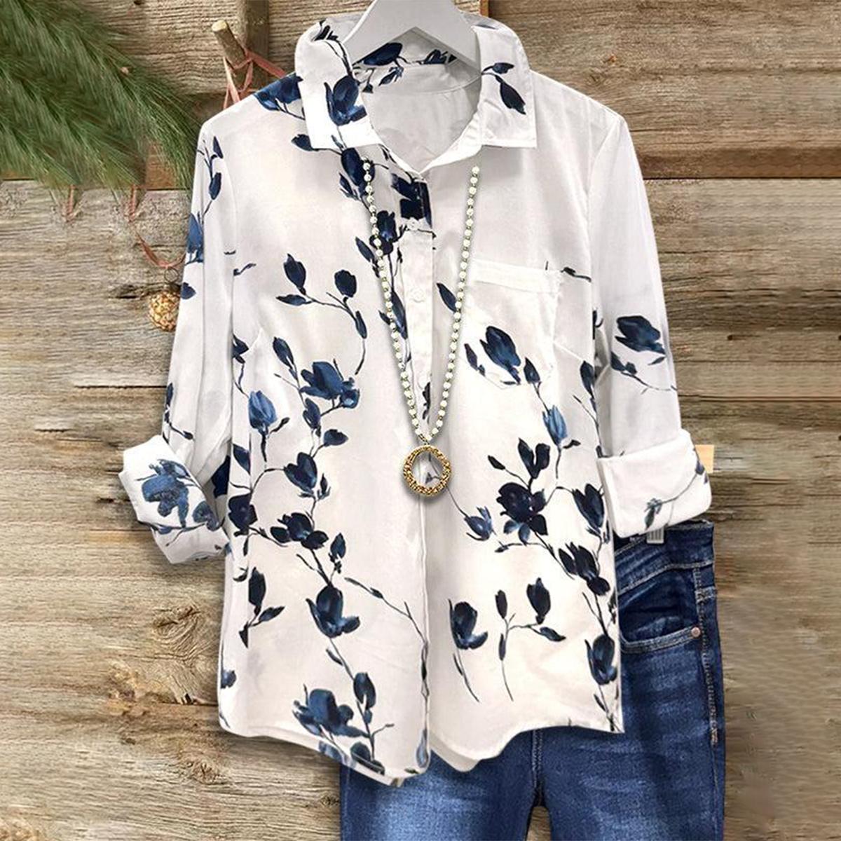 Winter Blusen-Shirt blau mit Aquarell-Blütenprint langarm